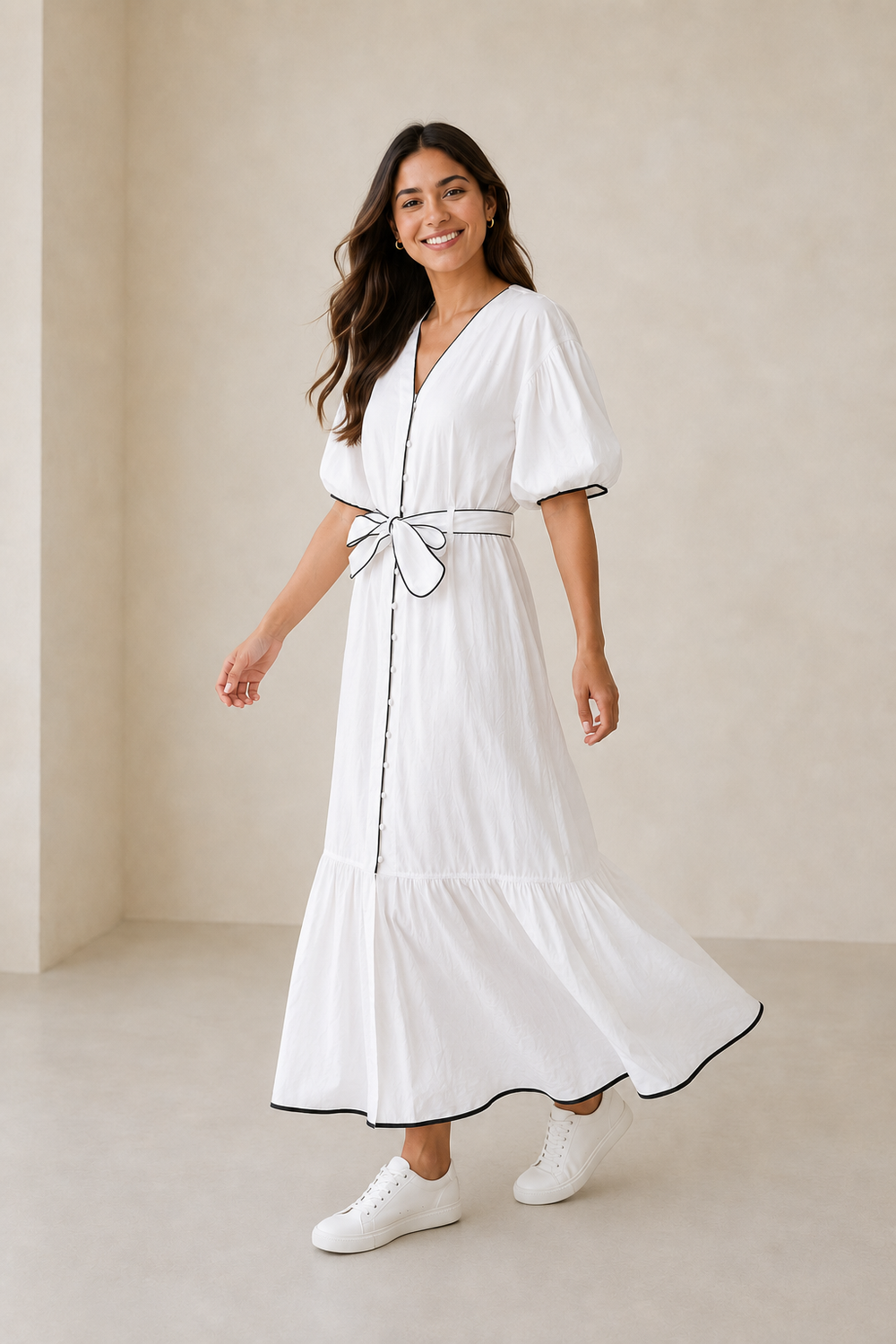 VESTIDO BLANCO SESGO NEGRO