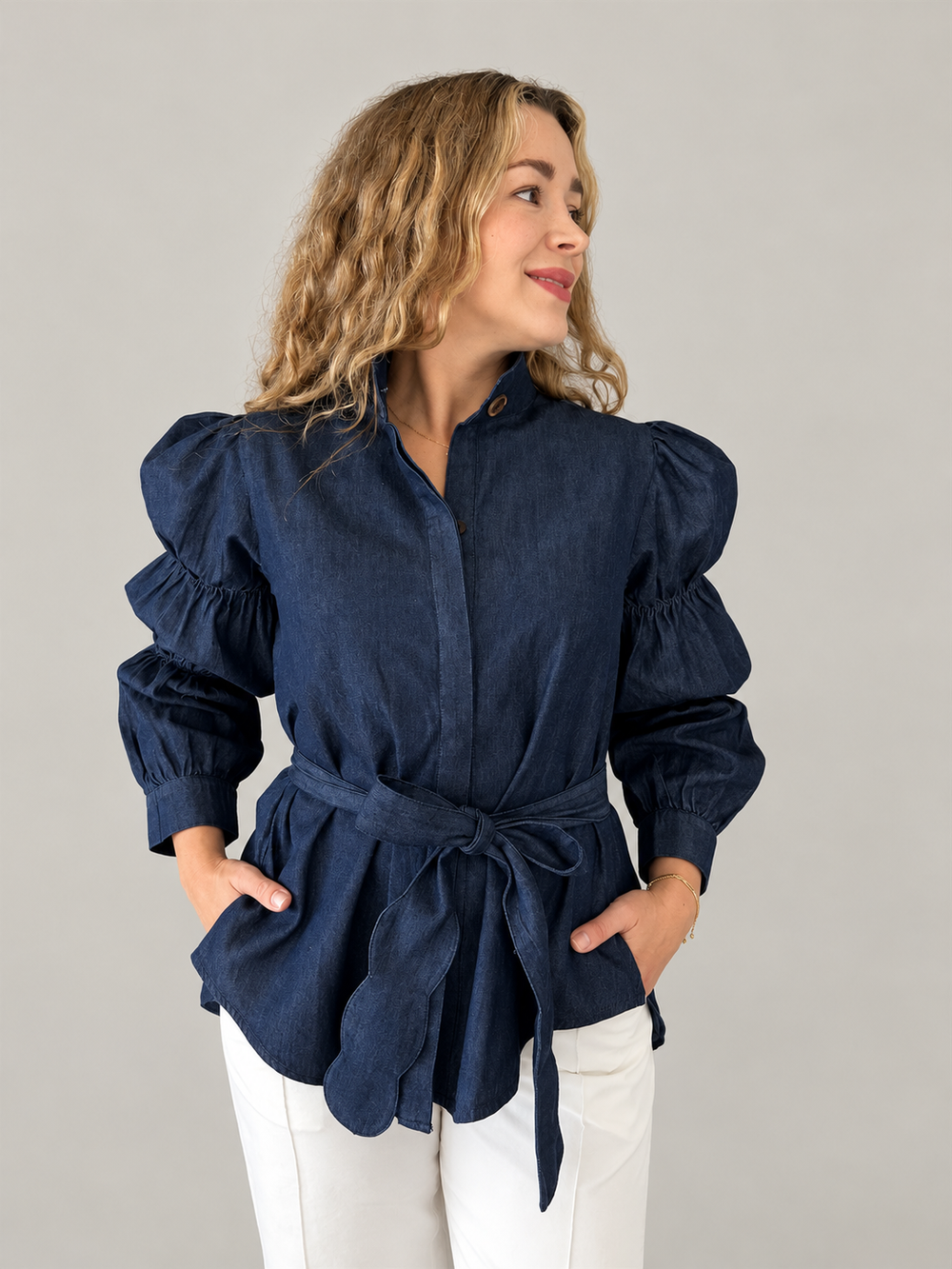 Blusa denim con lazo desmontable GORAH