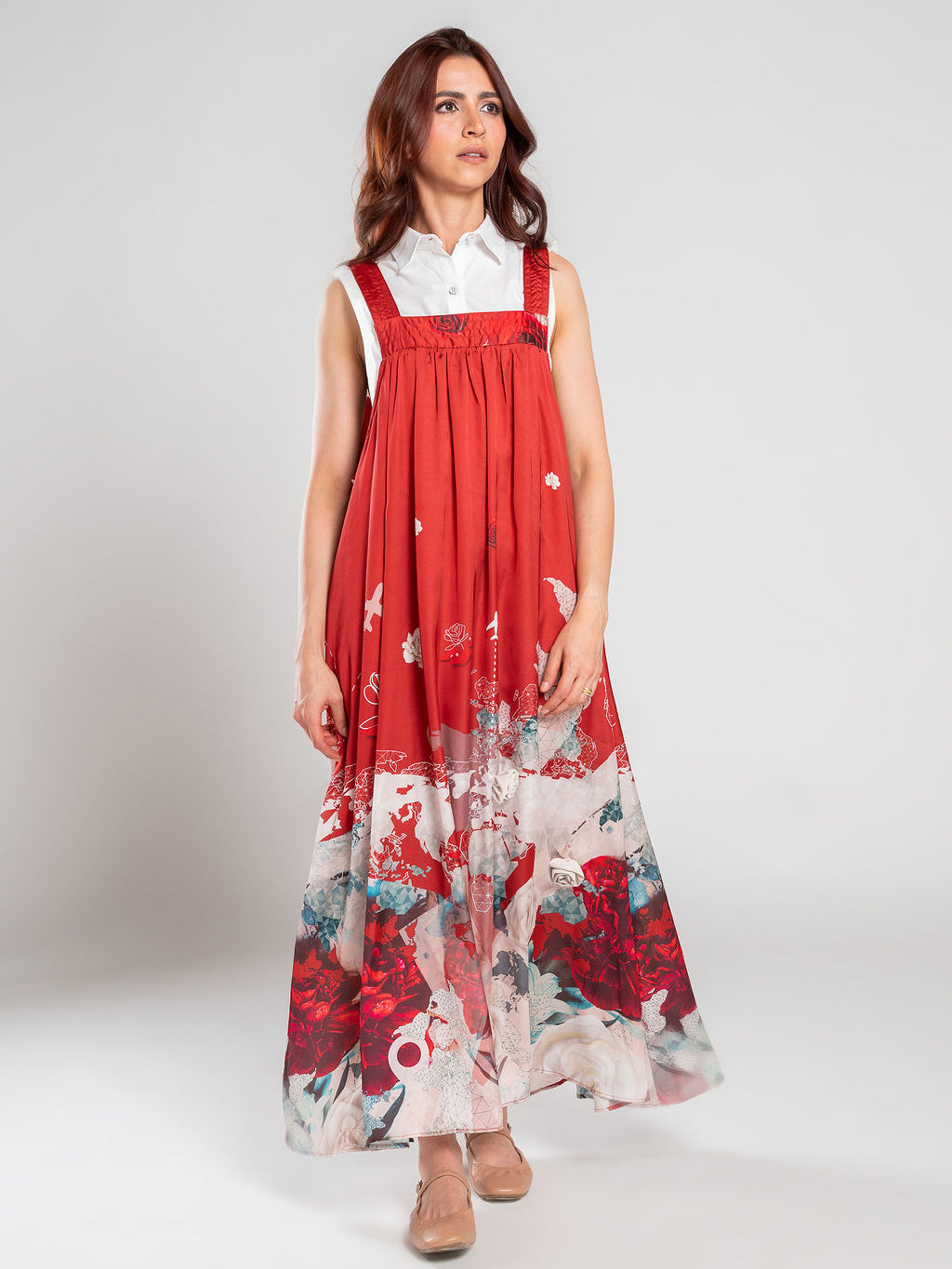 Vestido largo talego rojo y beige – GORAH